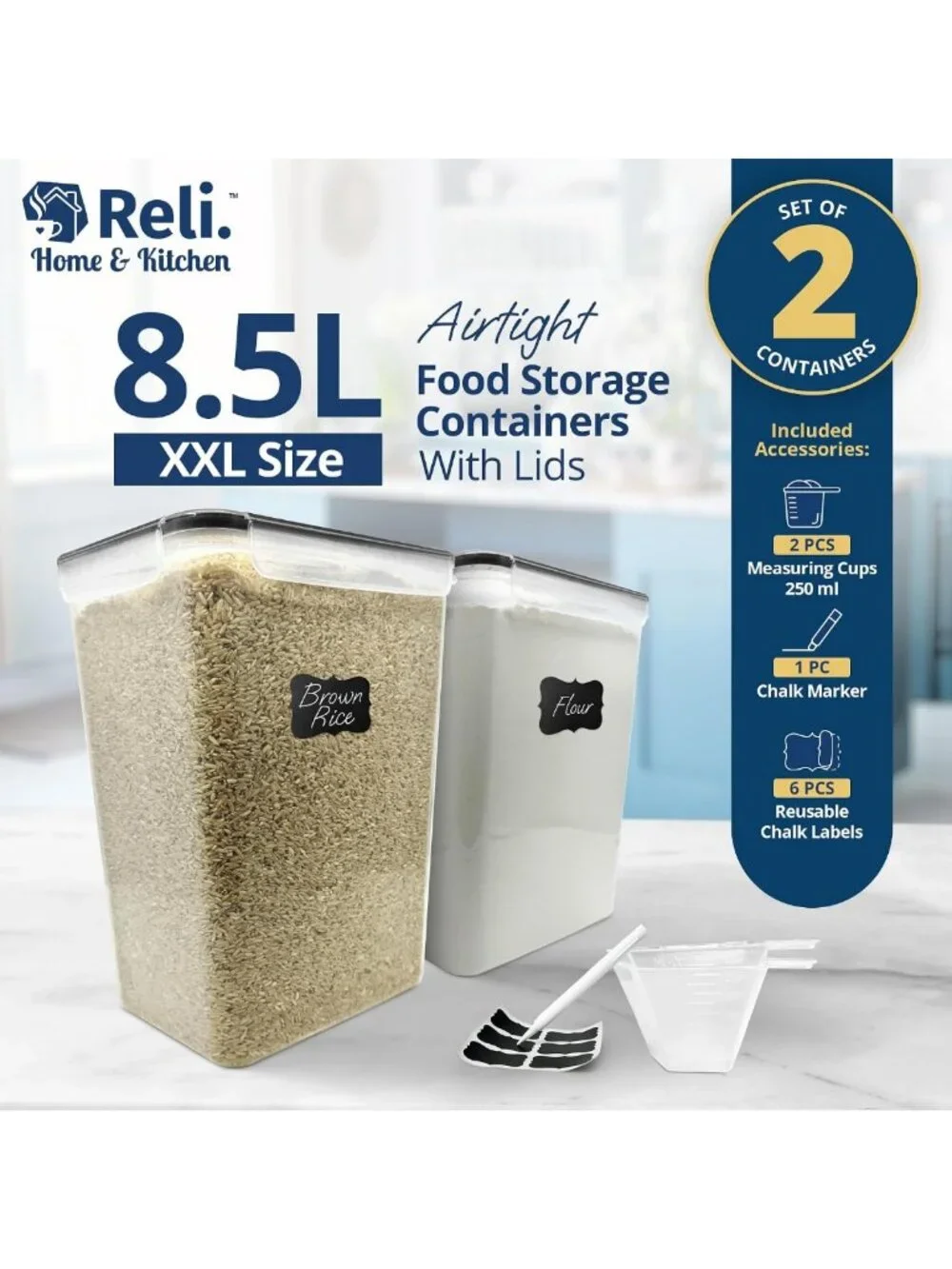 Airtight Stackable Food Storage Containers - 8.5L for Flour & Sugar (2 Pack)